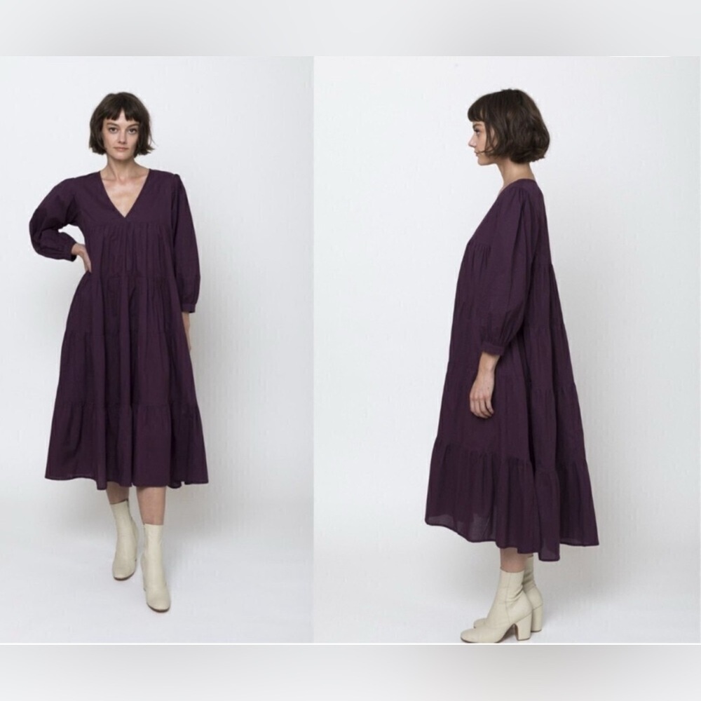 Mille Gemma Midi Dress Purple Tiered Flowy V Neck Organic Cotton